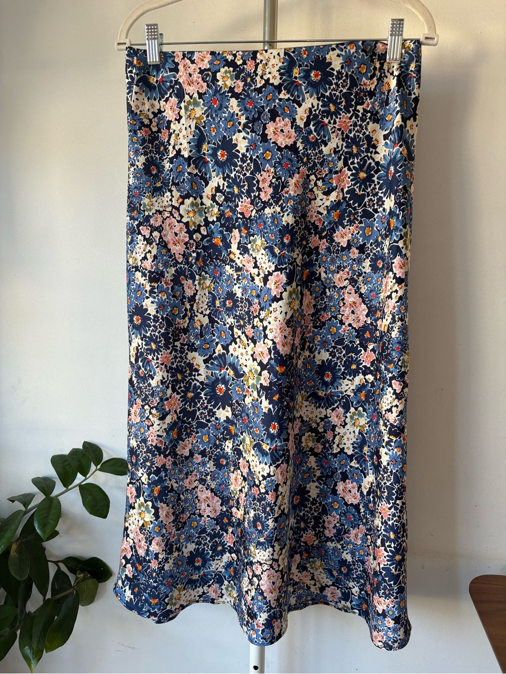 LOFT Navy Floral Midi Skirt with Pink and Cream Blooms